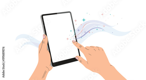 Hands using a tablet computer with a white screen and magical colorful sparkles to represent digital innovation and modern interactive technology.