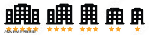 Set of building icons with star ratings showing property appraisal and feedback system