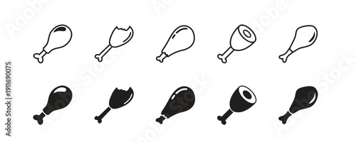 Set of chicken leg icons in outline and filled styles