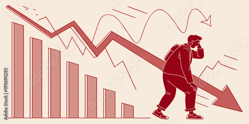 Stressed man walks away from a significant downward trending arrow and a collapsing bar graph representing market failure.