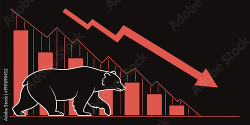 Large black bear walks right across sharply decreasing red vertical bars beneath a prominent red arrow signifying a significant market crash.