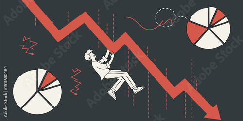 Distressed person clings precariously to a rapidly descending red line graph while losing grip on a briefcase, illustrating severe financial jeopardy.