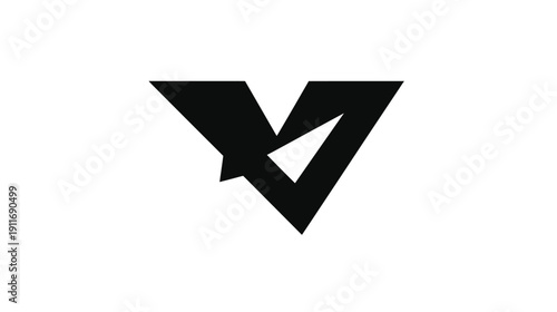 Black and white abstract logo on white background. Geometric shape, a stylized letter "V" with interior shapes