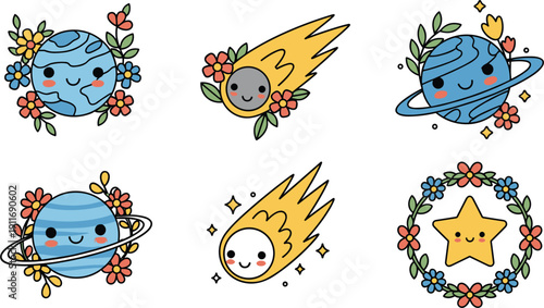 Cute Space Vector Illustration Set Featuring Cartoon Earth Saturn Comet and Star with Smiling Faces and Floral Wreath Decor