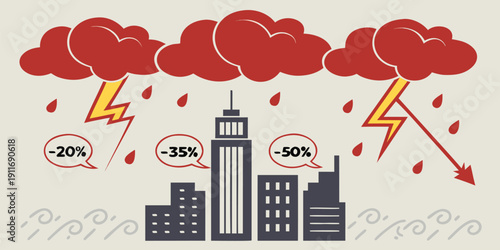 A small group of city skyscrapers is shown beneath red thunderclouds with speech bubbles showing percentage reductions.