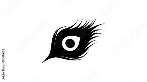 A monochrome illustration of a bird's feather featuring an eye-like design in the center