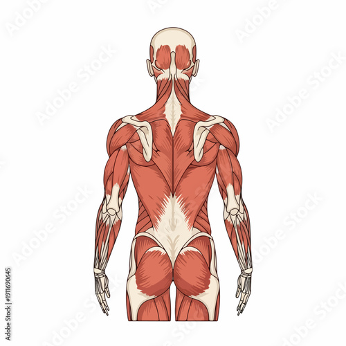 Posterior View of the Human Muscular System Anatomy Illustration. Detailed Diagram of Back Muscles, Shoulders, Arms, and Gluteal Region for Medical Education.