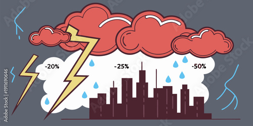 Storm clouds release rain and lightning over a stylized city skyline indicating percentage drops in finance.