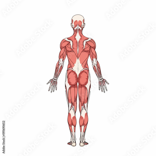 Human Muscular System Anatomy Illustration: Posterior View of Full Body Muscles, Tendons, and Skeletal Structure for Educational and Medical Use.