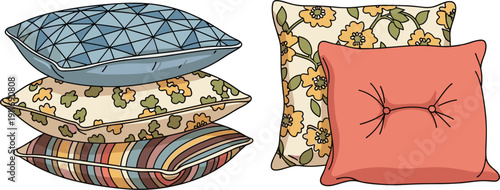 Decorative Throw Pillows Vector Illustration Set Featuring Stacked and Arranged Cushions with Floral Geometric and Stripes