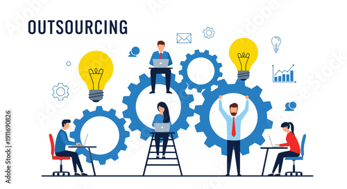 Professional business team working with giant blue gears and bright lightbulbs to symbolize outsourcing services and creative group innovation.