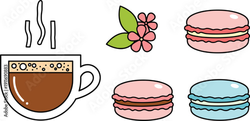 Delicious French Macaron and Hot Coffee Cup Vector Illustration Set with Colorful Pastries Pink Blue and Floral Design Icons