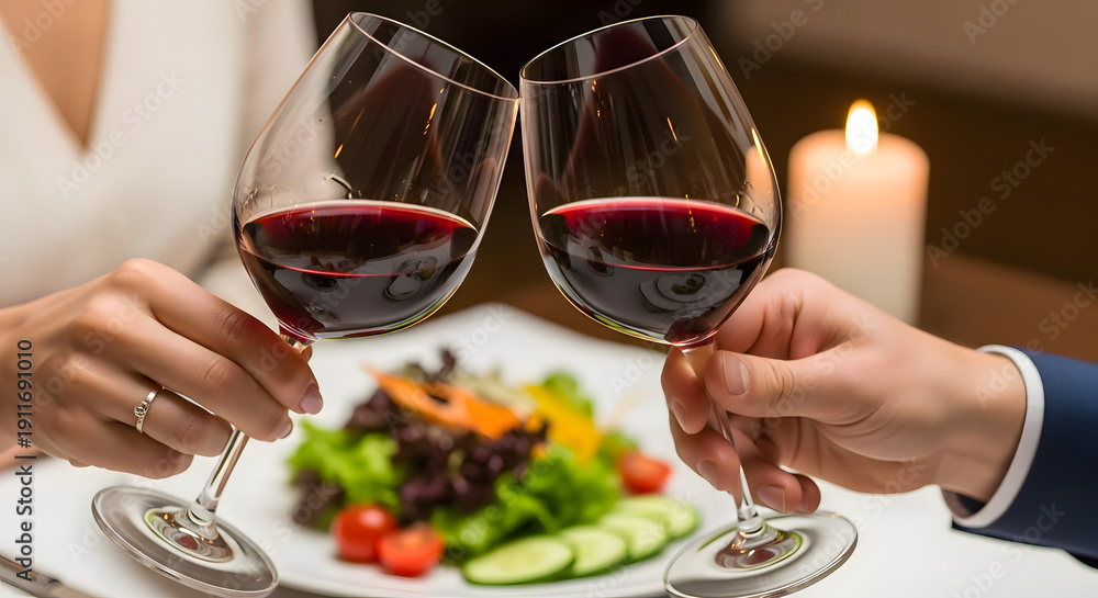 Obraz premium A close-up image of two individuals making a heartfelt toast with elegant glasses of rich red wine during a romantic candlelight dinner, symbolizing a special celebration and anniversary.