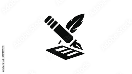 Black icon depicts a pen with a feather poised over a lined page, set on white background