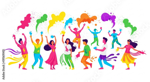 Colorful Holi festival celebration people dancing and throwing powder paint vector illustration for festive events and cultural theme