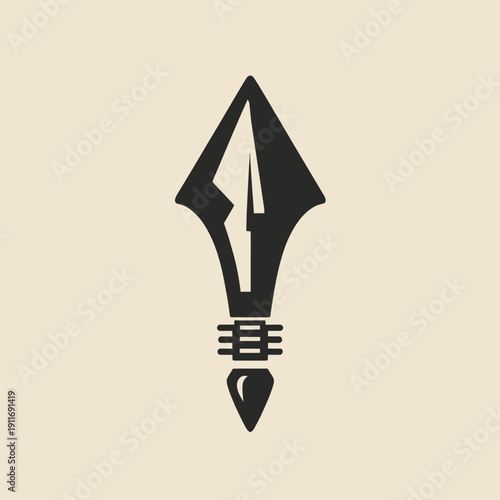 A stylized illustration of a black pen nib shaped like a spear on a cream background