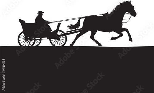 Vintage horse drawn carriage silhouette with driver on country road