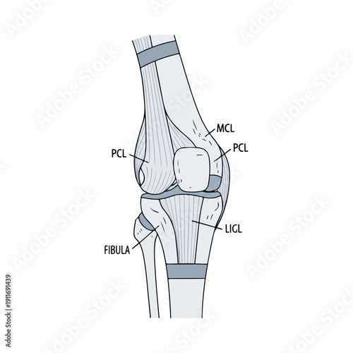 Labeled illustration of the human knee joint anatomy, highlighting the Posterior Cruciate Ligament (PCL), Medial Collateral Ligament (MCL), fibula, and surrounding structures.