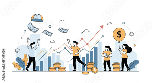 Successful group of people celebrating financial growth and profit near a bar chart with money falling from the sky for business achievement.