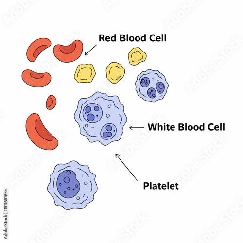 Labeled illustration of major blood components: Red Blood Cells (Erythrocytes), White Blood Cells (Leukocytes), and Platelets (Thrombocytes) in human blood.