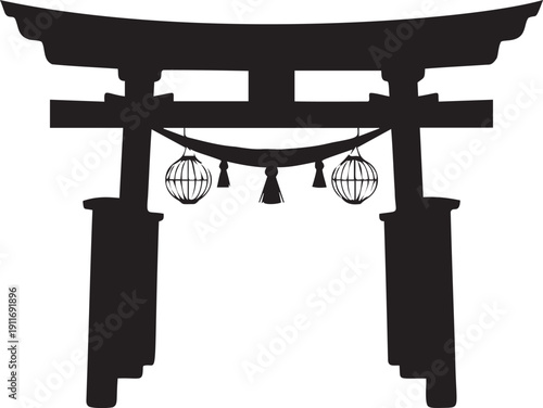 Torii gate silhouette with lanterns and tassels on checkered background