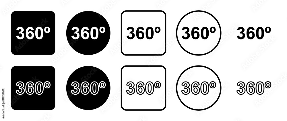 Obraz premium Icon set of 360 degree symbol. Filled, outline, black and white icons set, flat style. Illustration on transparent background