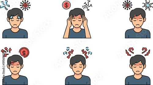 Mental Health and Stress Vector Illustration Set Featuring Man with Headache Anxiety Symptoms Financial and Health Worries