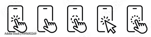 Set of clicking hand icons on smartphone screen for user interface and app design