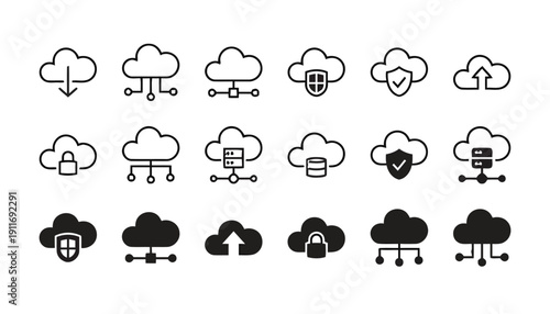 Set of cloud computing icons representing data storage security and connectivity options
