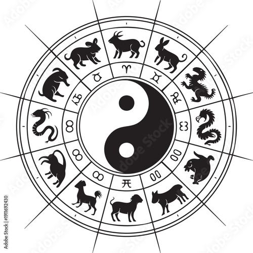Chinese zodiac astrology wheel with yin yang symbol and animal icons