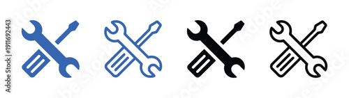 Set of crossed wrench and screwdriver icons in blue black and outline variations for settings or tools concept