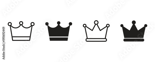 Set of crown icons, some outlined and some filled black, symbolizing royalty and status