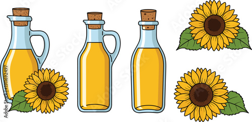 Organic Sunflower Oil in Glass Bottles with Cork Stoppers and Fresh Yellow Sunflower Blossoms Vector Illustration Icon Set