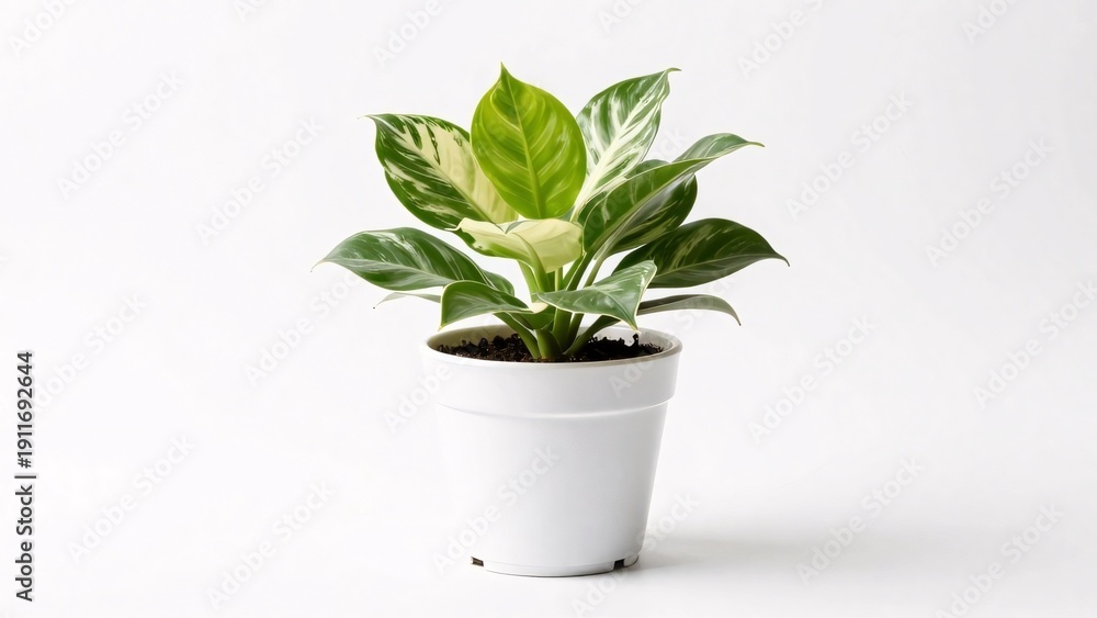 Fototapeta premium A lush houseplant with vibrant variegated leaves in shades of green and creamy white grows from a simple white pot, isolated on a white background for a seamless and minimalist botanical aesthetic.
