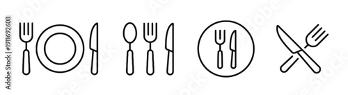 Set of dining and cutlery icons including plates, forks, knives, and spoons