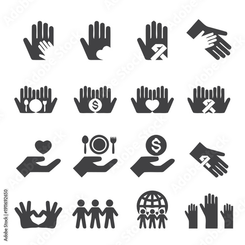 Set of diverse hands icons showing support helping community and charity symbols