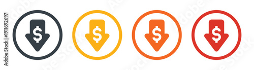 Set of down arrow price reduction icons with dollar sign in various colors