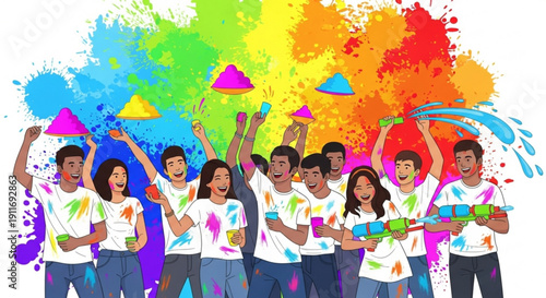 Diverse group of young people celebrating Holi festival with colorful powder and water guns joyful outdoor activity vibrant celebrati