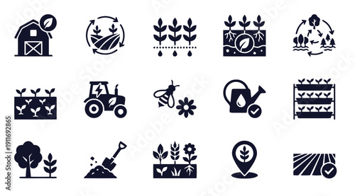 Set of farming and agriculture icons, representing modern sustainable agricultural practices