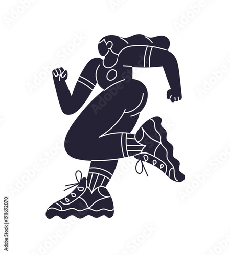 Woman is jogging marathon and rushing to win. Silhouette of training runner. Shadow of running jogger. Athlete does sports workout for sprint. Flat isolated vector illustration on white background