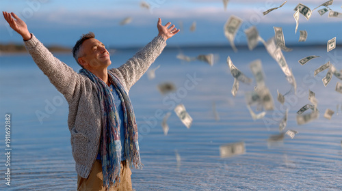 Happy middle-aged man with raised arms standing by the sea while dollar bills fall around him