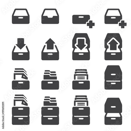 Set of filing cabinet icons for organizing and storing documents and files