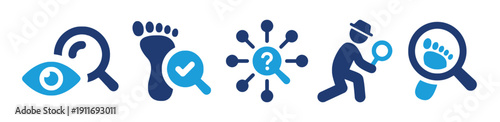 Set of five icons related to investigation, including magnifying glass and footprint