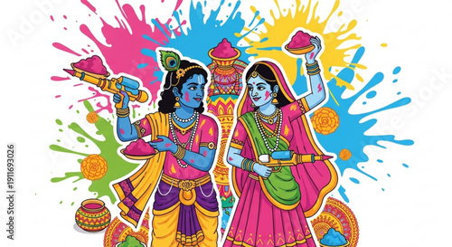 Lord Krishna and Radha celebrating Holi festival with colorful powder and water guns traditional Indian illustration for festive even