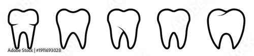 Set of five simple tooth icons in black outline representing dental conditions