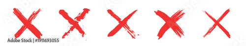 Set of five red hand drawn cross marks for rejection or incorrect answer