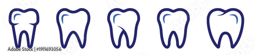 Set of five stylized teeth icons with different conditions representing dental health and care
