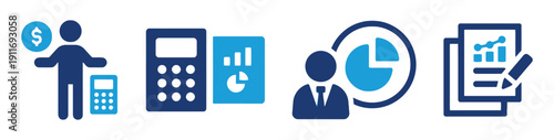 Set of flat business and finance icons, representing accounting analytics and financial planning