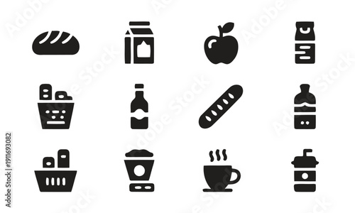 Set of food and drink icons. Flat design symbols for groceries, meals and beverages