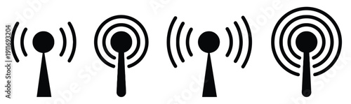 Set of four black signal tower icons, wireless communication symbols